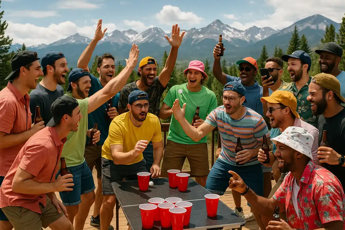 Crew playing beer pong with mountain views